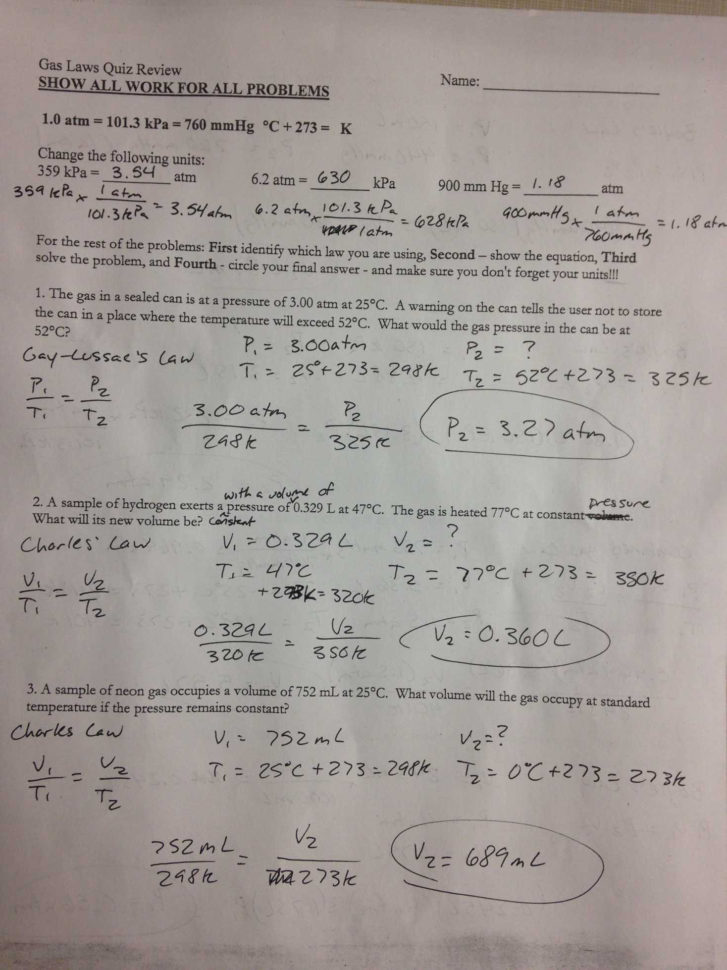 Gas Laws Worksheet 1 Answer Key Following Directions