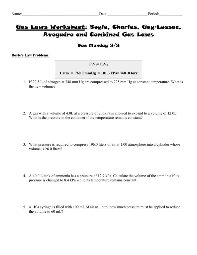 Gas Laws Worksheet 2 Boyle Charles And Combined Gas Laws