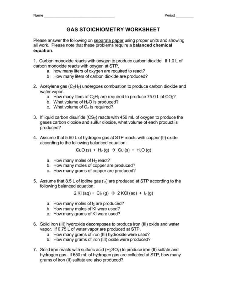 Gas Stoichiometry Worksheet