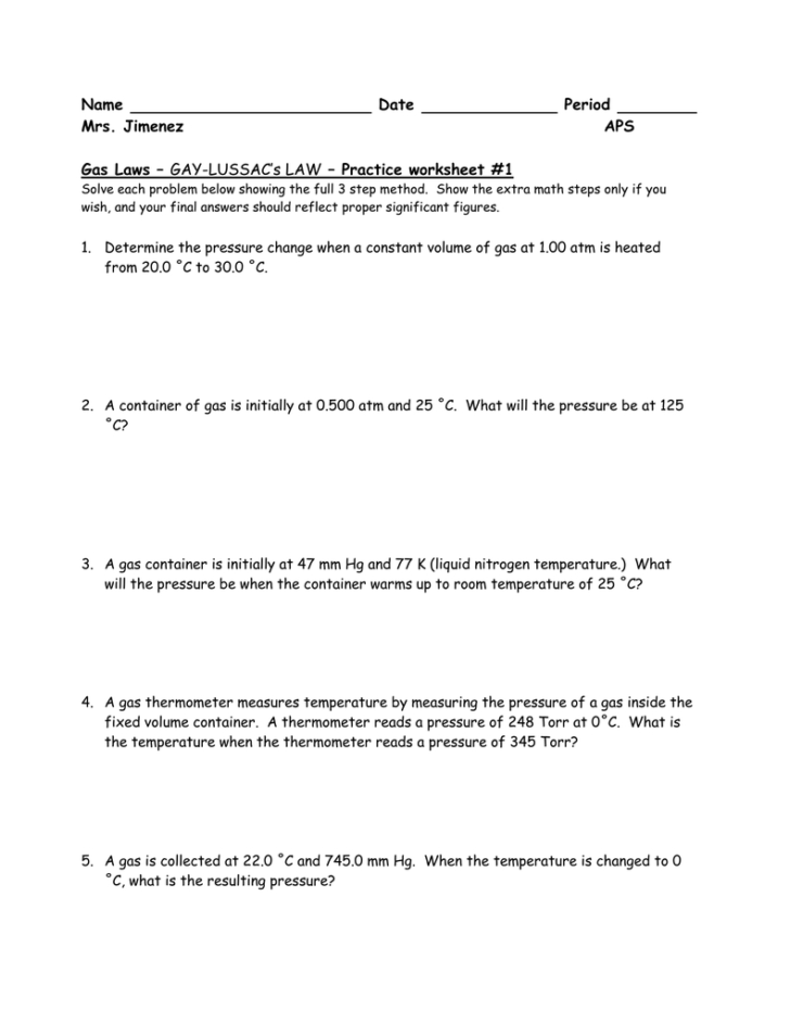 Gas Law Problems Worksheet With Answers