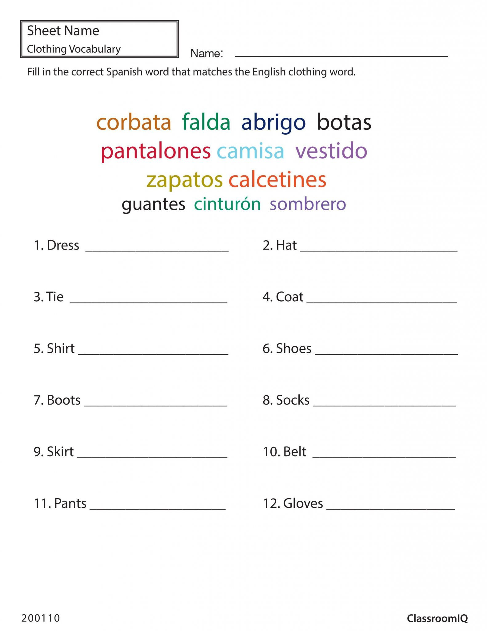 Gender Of Nouns In Spanish Worksheet