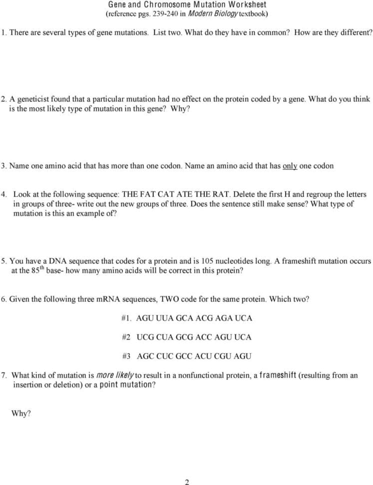 Gene And Chromosome Mutation Worksheet Reference Pgs In