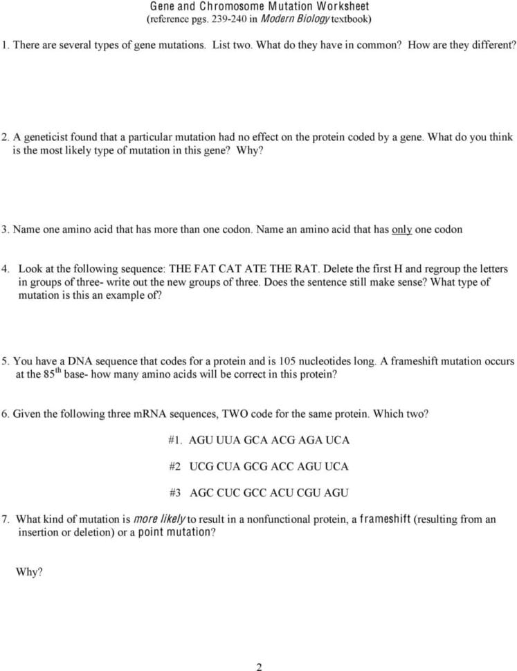 Gene And Chromosome Mutation Worksheet Reference Pgs In