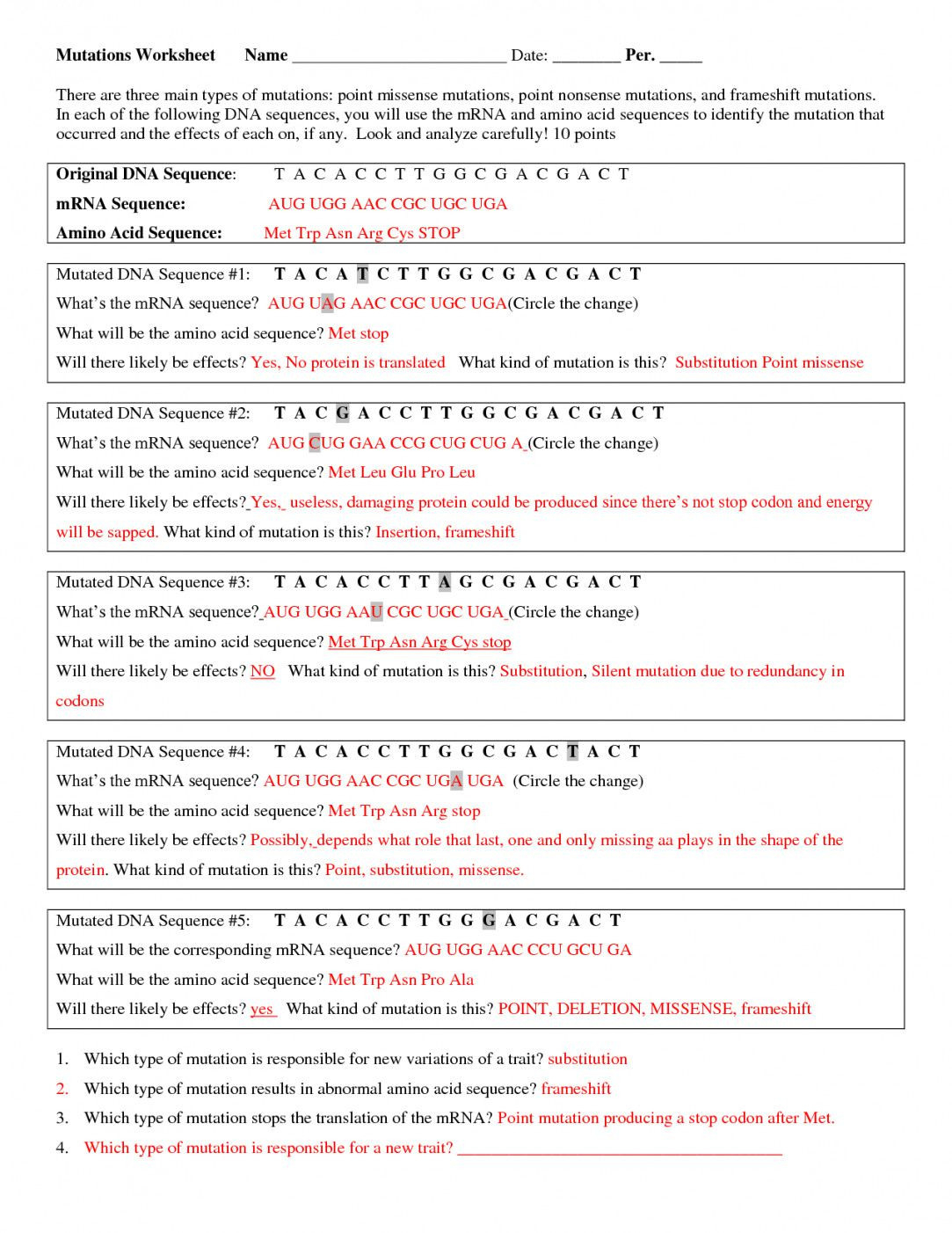 Gene Mutations Worksheet Lesson Plans Inc 2007 Answers