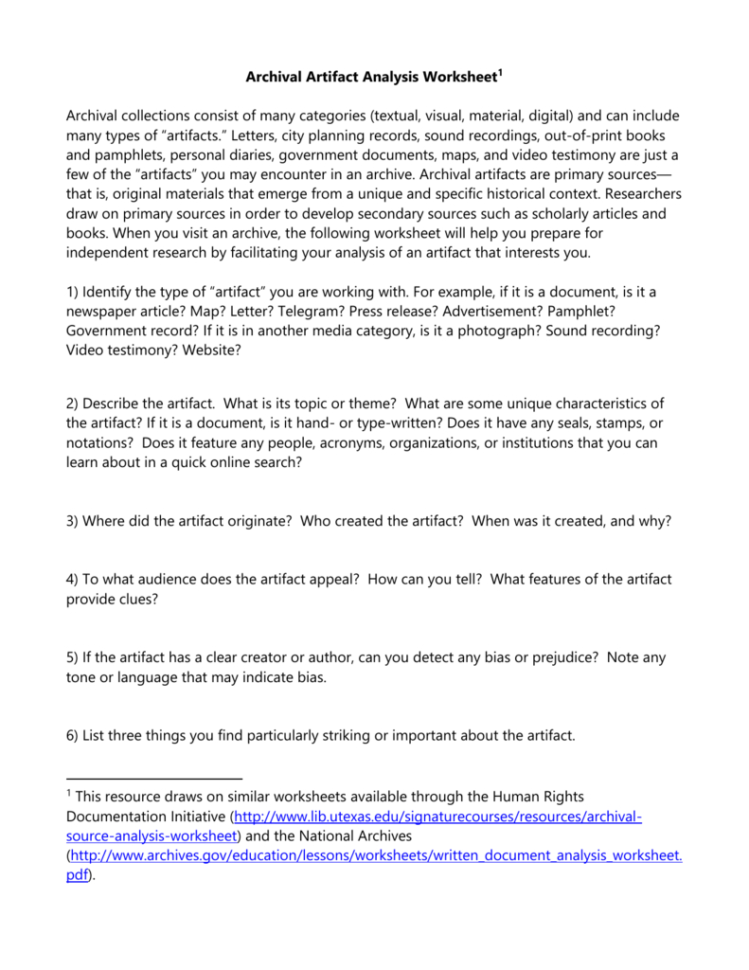 General Archival Artifact Analysis Worksheet
