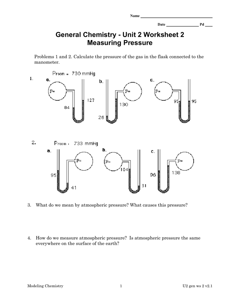 General Chemistry  Unit 2 Worksheet 2 Measuring Pressure