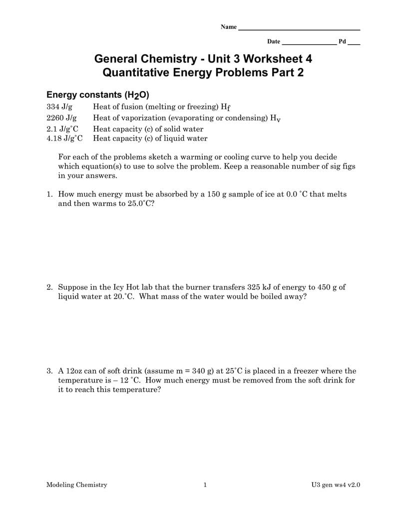 General Chemistry  Unit 3 Worksheet 4 Energy Constants H2O