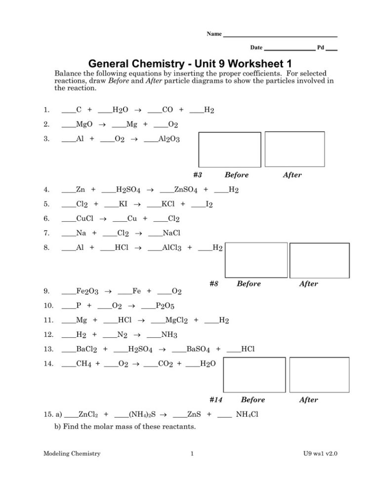 General Chemistry Unit Worksheet Chemical Reaction Equations