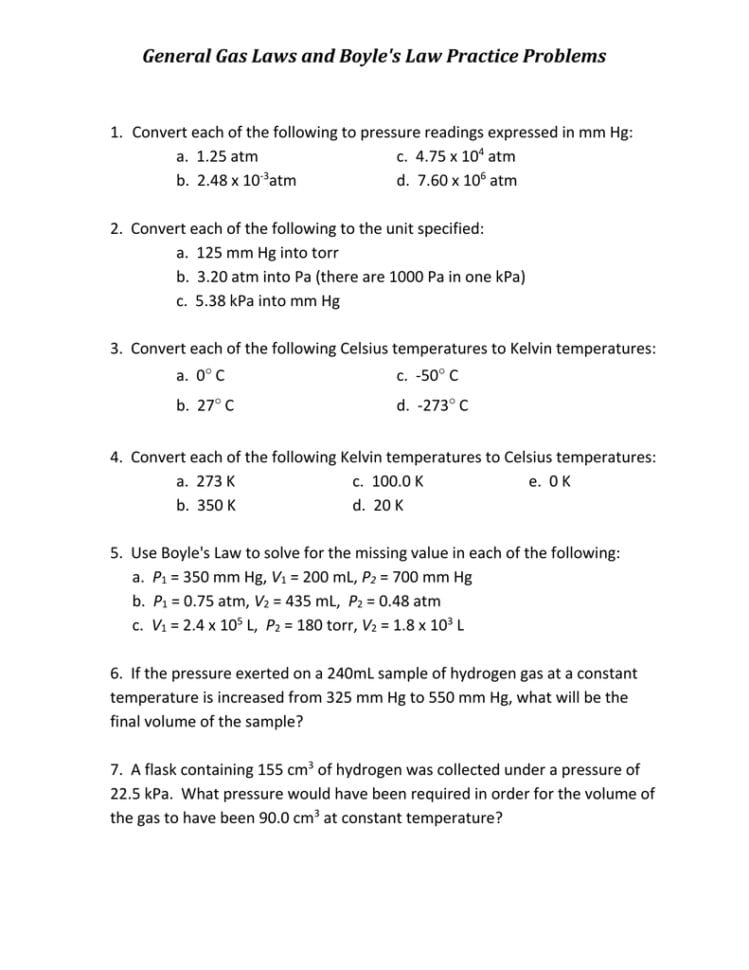 General Gas Laws And Boyle's Law Practice Problems
