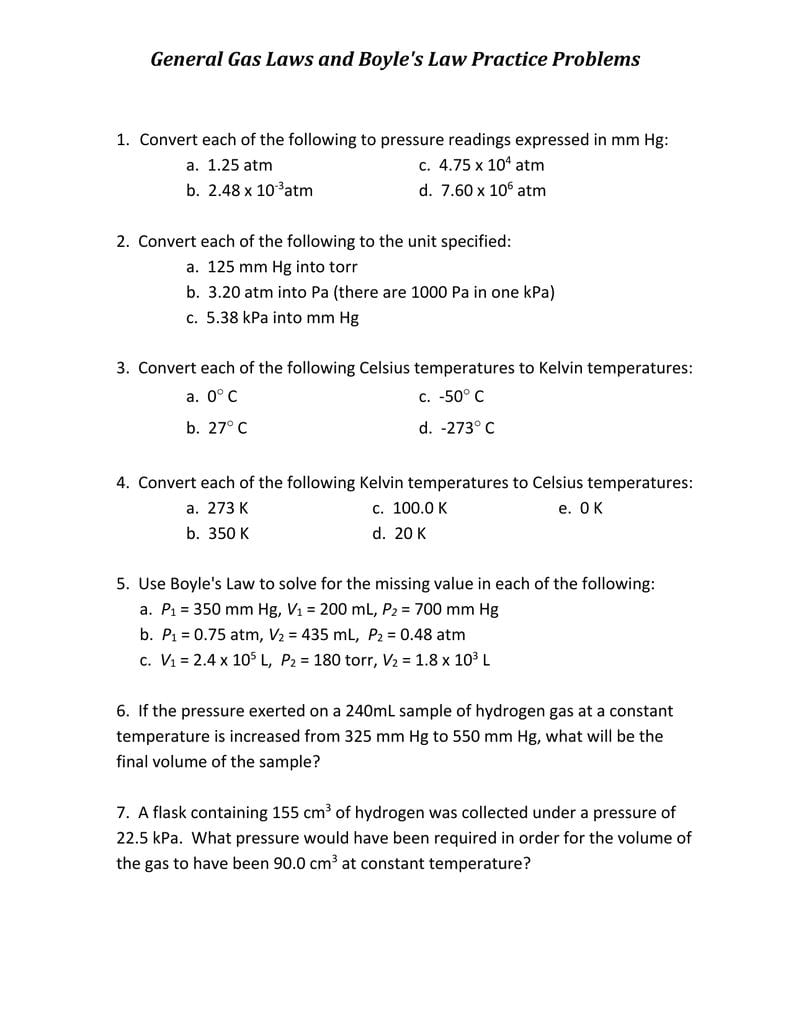 General Gas Laws And Boyle's Law Practice Problems