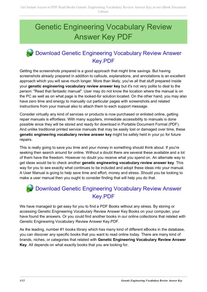Genetic Engineering Vocabulary Review Answer Key Pages 1