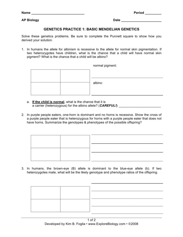 Genetics Practice 1 Basic Mendelian Genetics