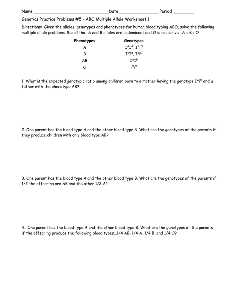 Genetics Practice Problems Simple Worksheet