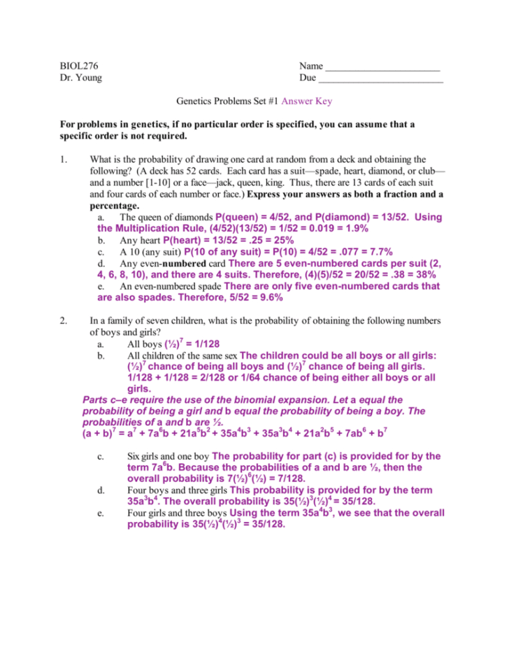 Genetics Problems Worksheet 1 Answers