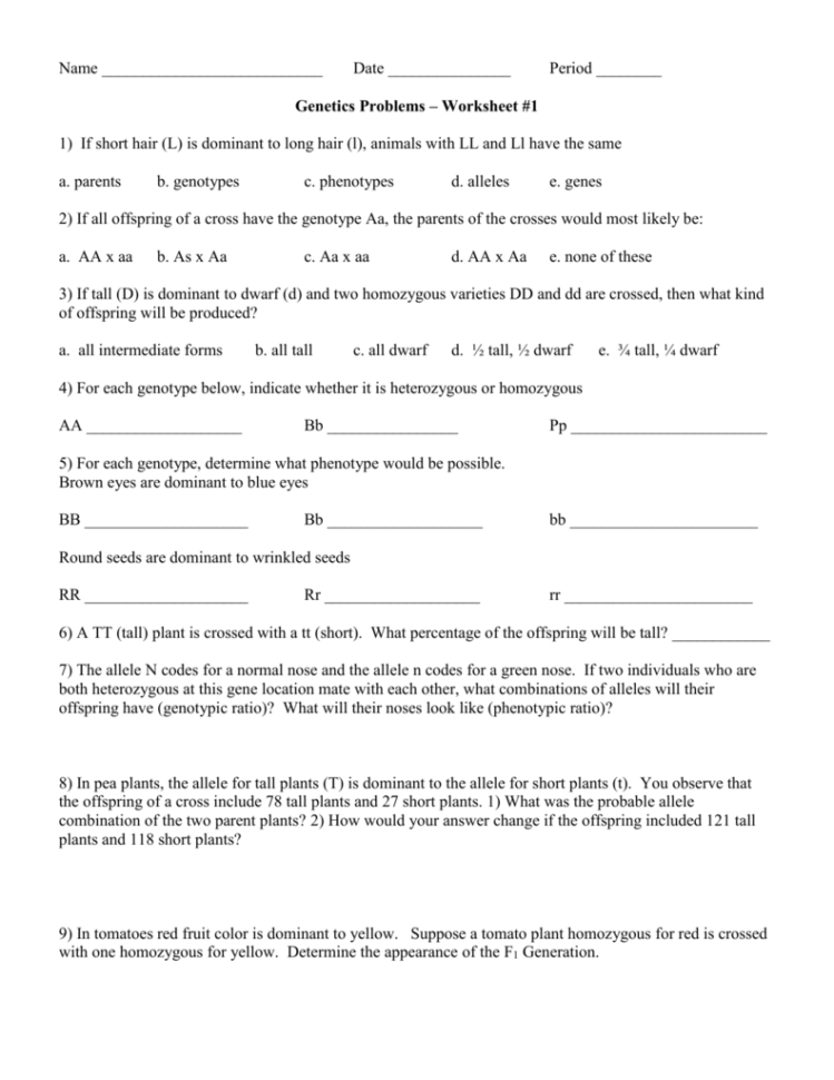 Genetics Problems – Worksheet 1