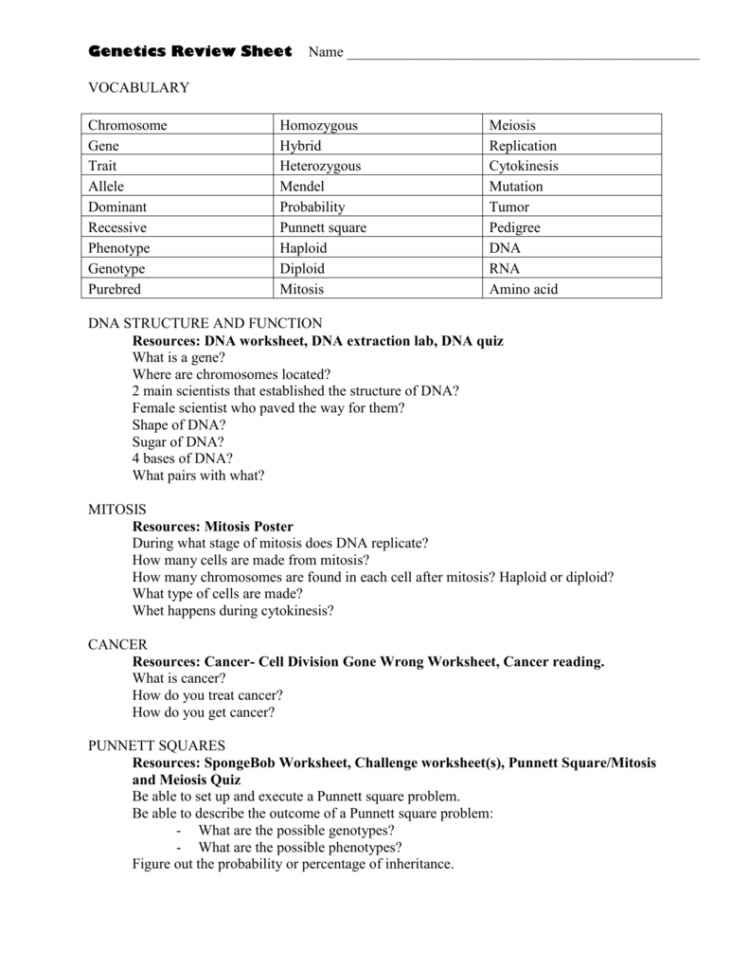 Genetics Review Sheet