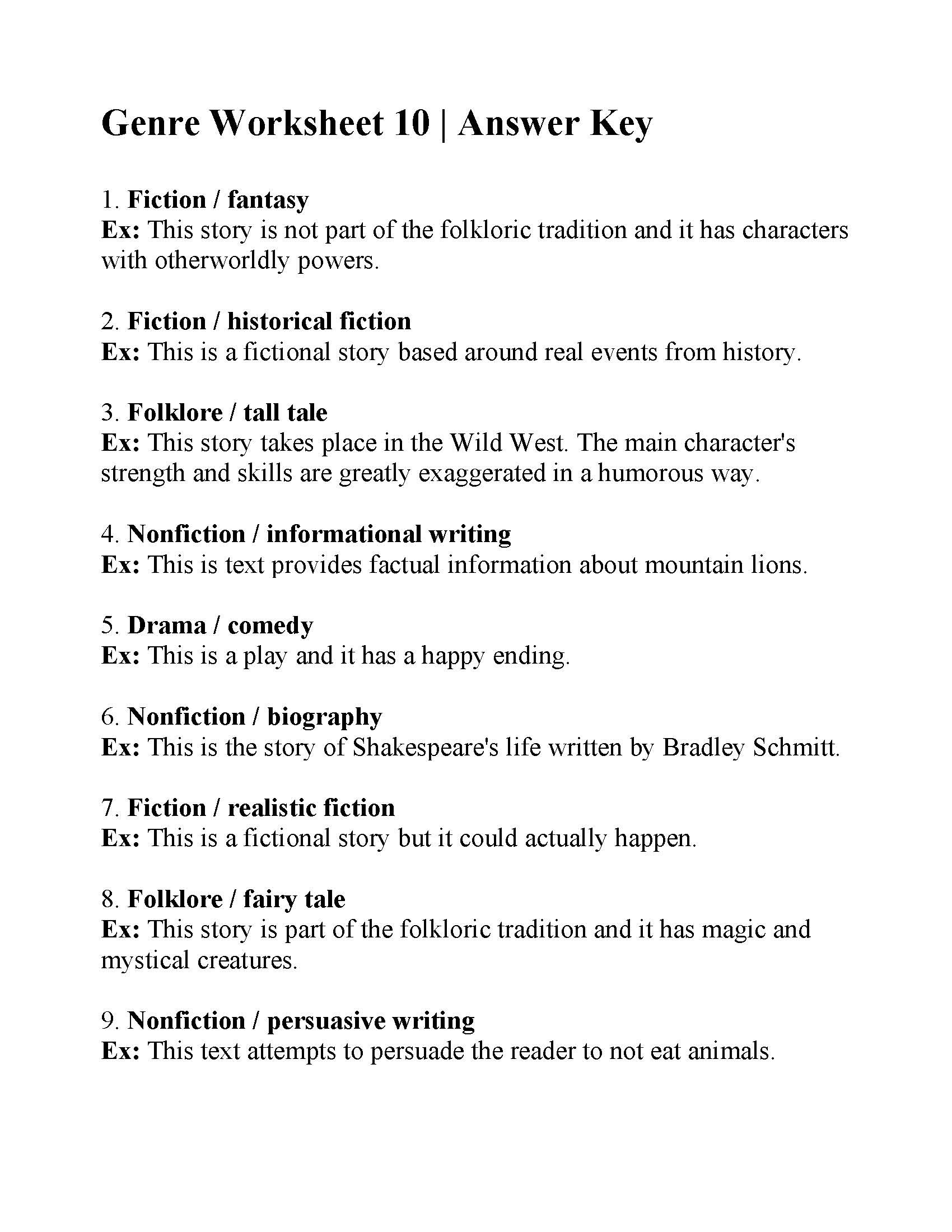 Genre Worksheet 10  Answers