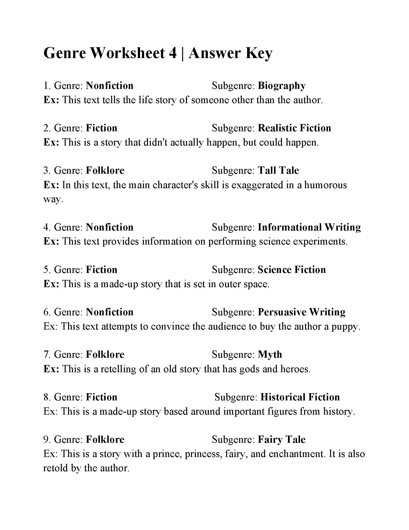 Genre Worksheet 4  Answers