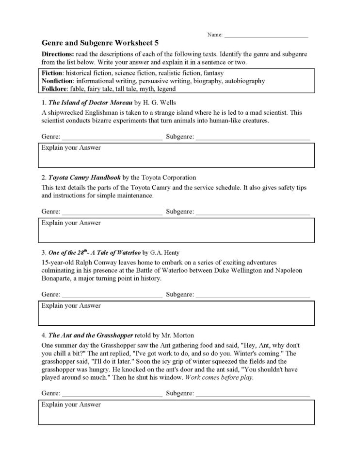 Identifying Genre And Subgenre Worksheet