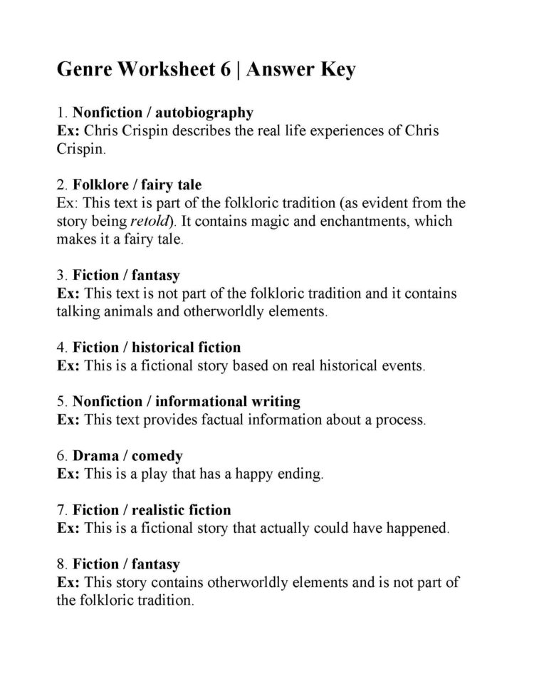 Genre Worksheet 6  Answers