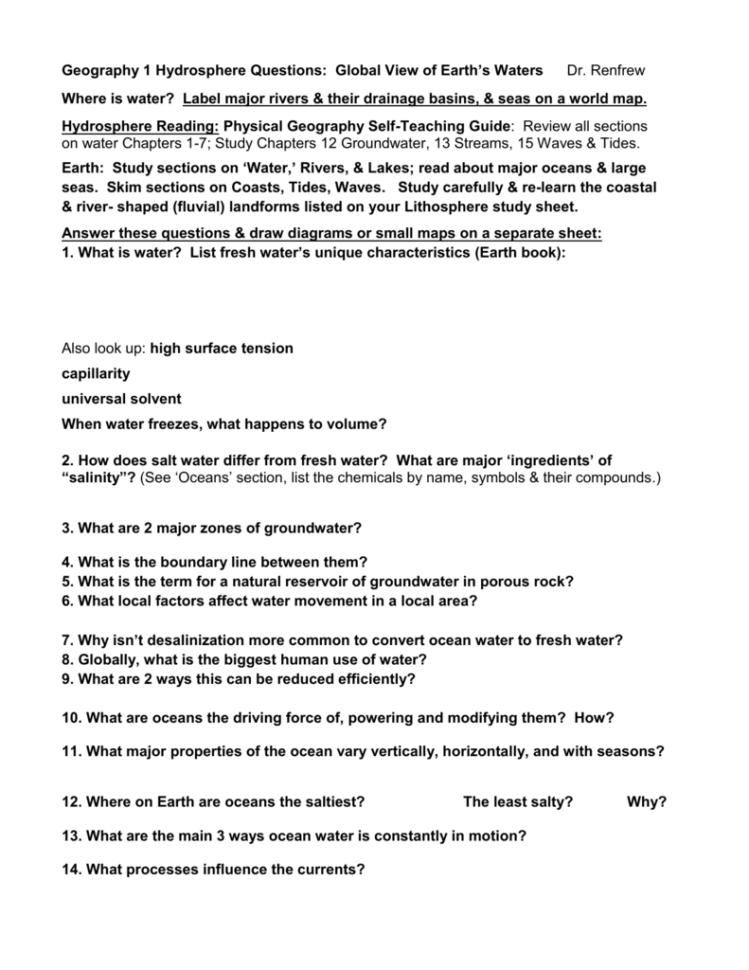 Geography 1 Hydrosphere Questions Global View Of Earths Ters