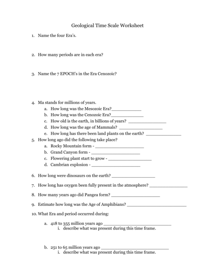 Geological Time Scale Worksheet