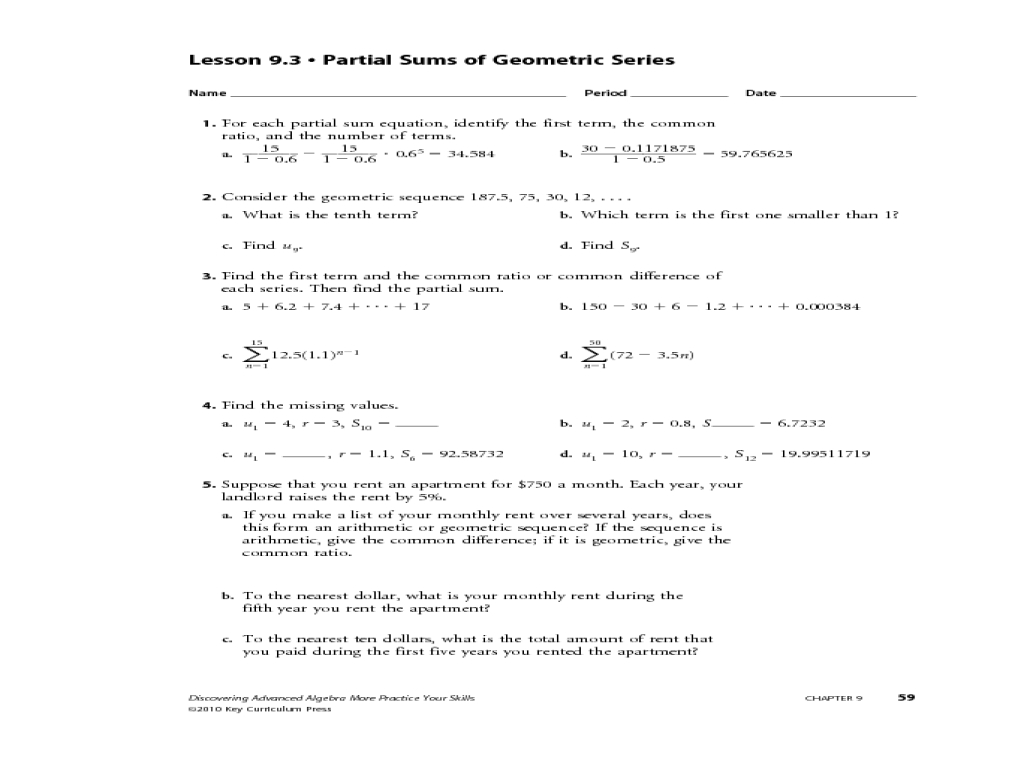 Geometric Sequences And Series Worksheet Answers Netvs Db excel