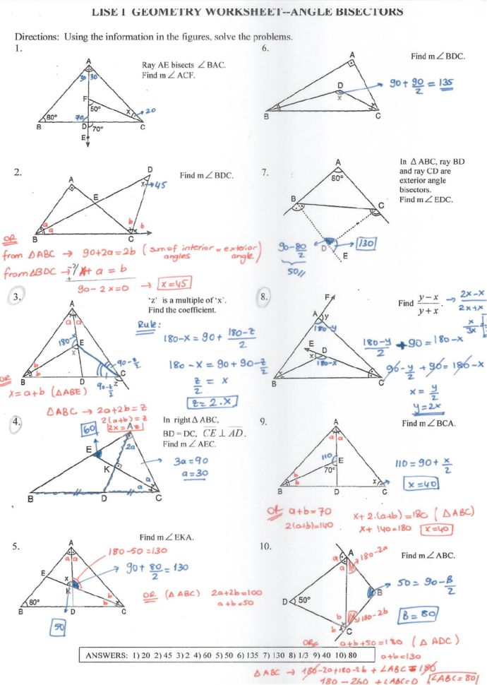 Angle Bisector Worksheet Answer Key — db-excel.com