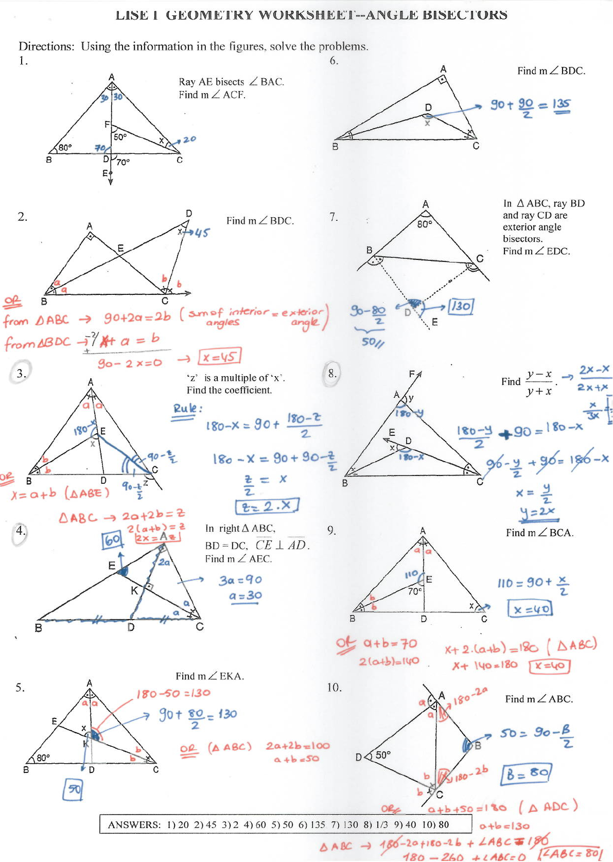 angle bisectors homework answers