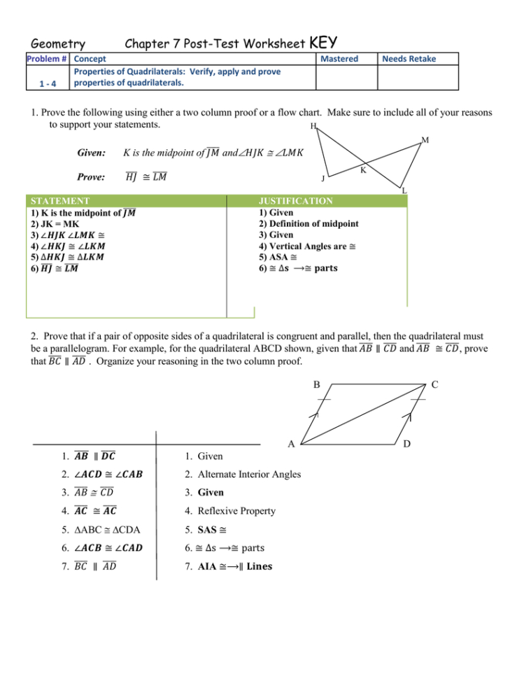 Geometry Chapter 7 Posttest Worksheet Key Problem  Concept