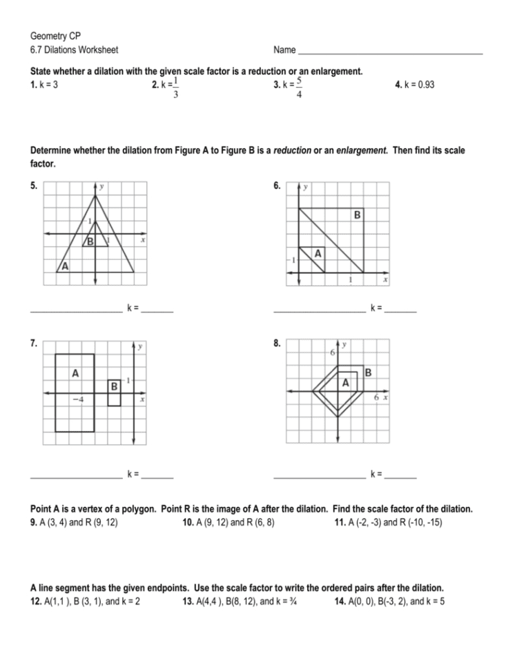 Geometry Cp 67 Dilations Worksheet Name State Whether A
