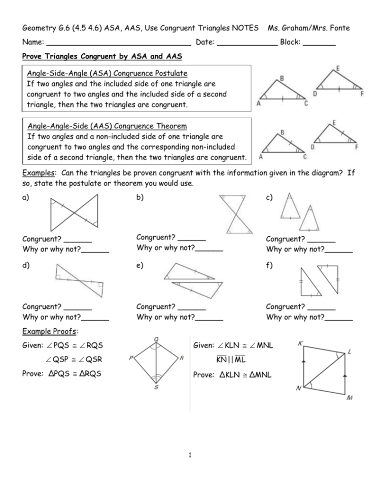 Geometry G6 45 46 Asa Aas Use Congruent Triangles Notes