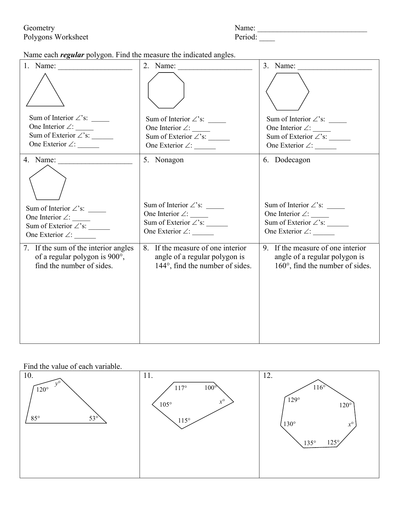 Geometry Name Polygons Worksheet Period  Name Each