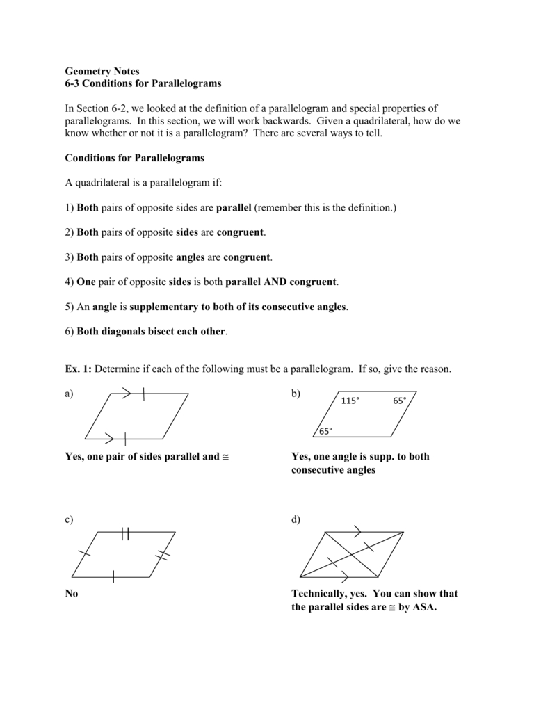 Geometry Notes 63 Conditions For Parallelograms In Section 6