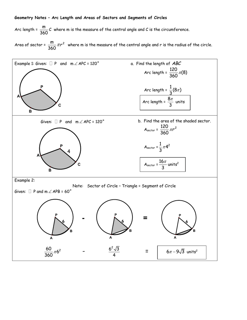 Geometry Notes  Arc Length And Areas Of Sectors And Segments Of