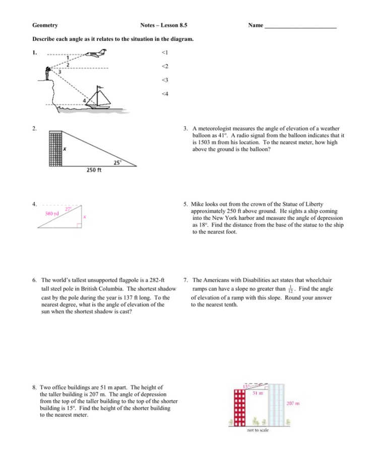 Geometry Worksheet 8 5 Angles Of Elevation And Depression