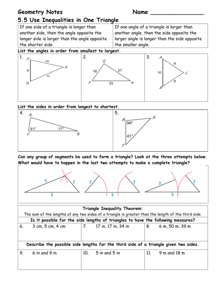 Geometry Notes Name 55 Use Inequalities In One Triangle