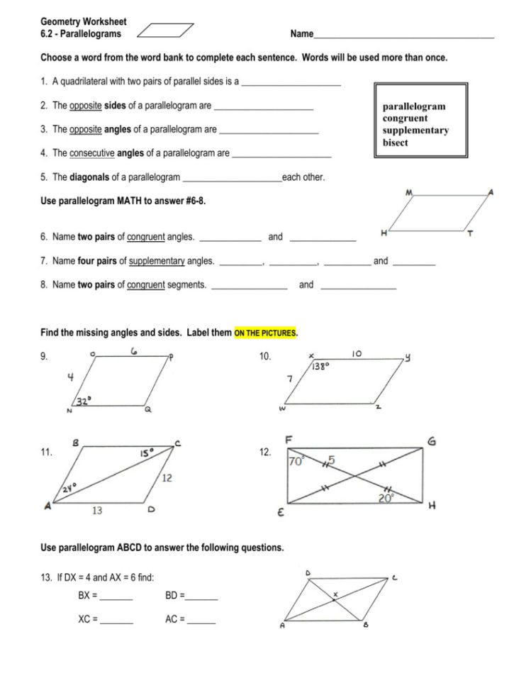 Geometry Parallelogram Worksheet Answers Db excel