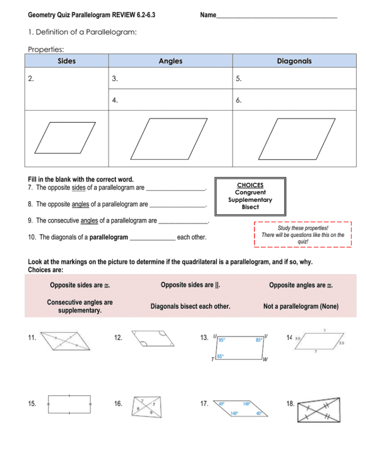 Geometry Quiz Parallelogram Review 62