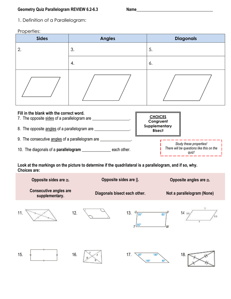Geometry Quiz Parallelogram Review 62