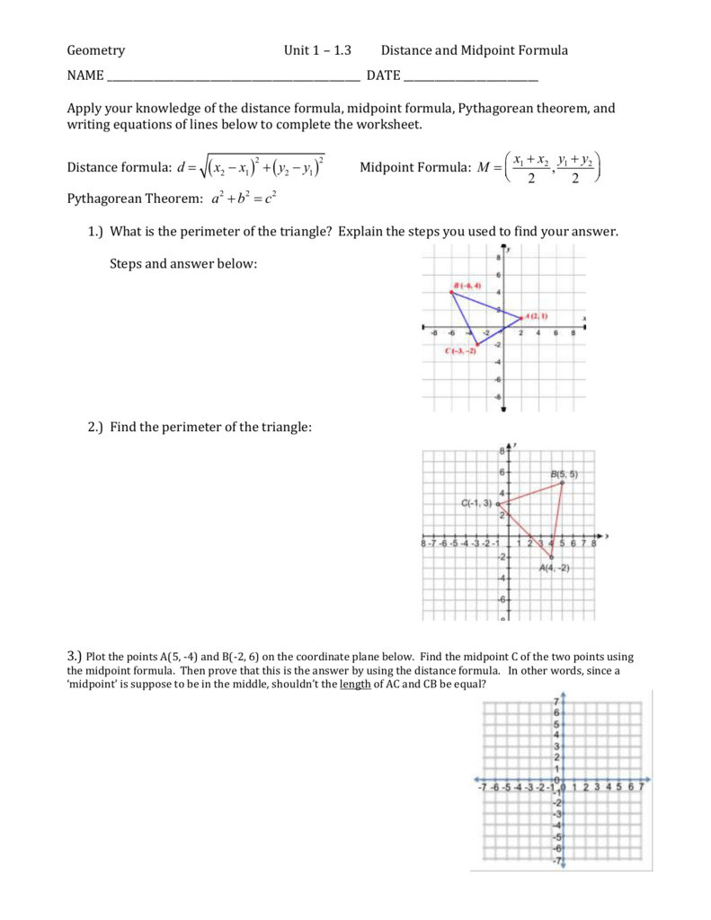Geometry Unit 1 – 13 Distance And Midpoint Formula Name Date
