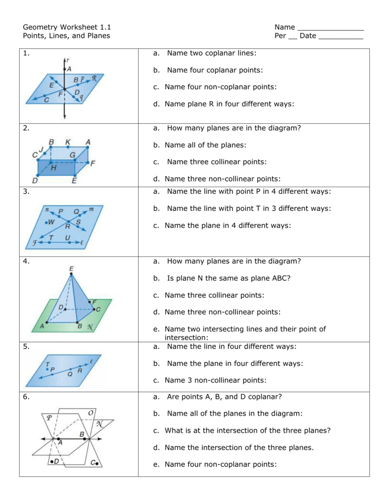 Geometry Worksheet 11 Name Points Lines And Planes Per