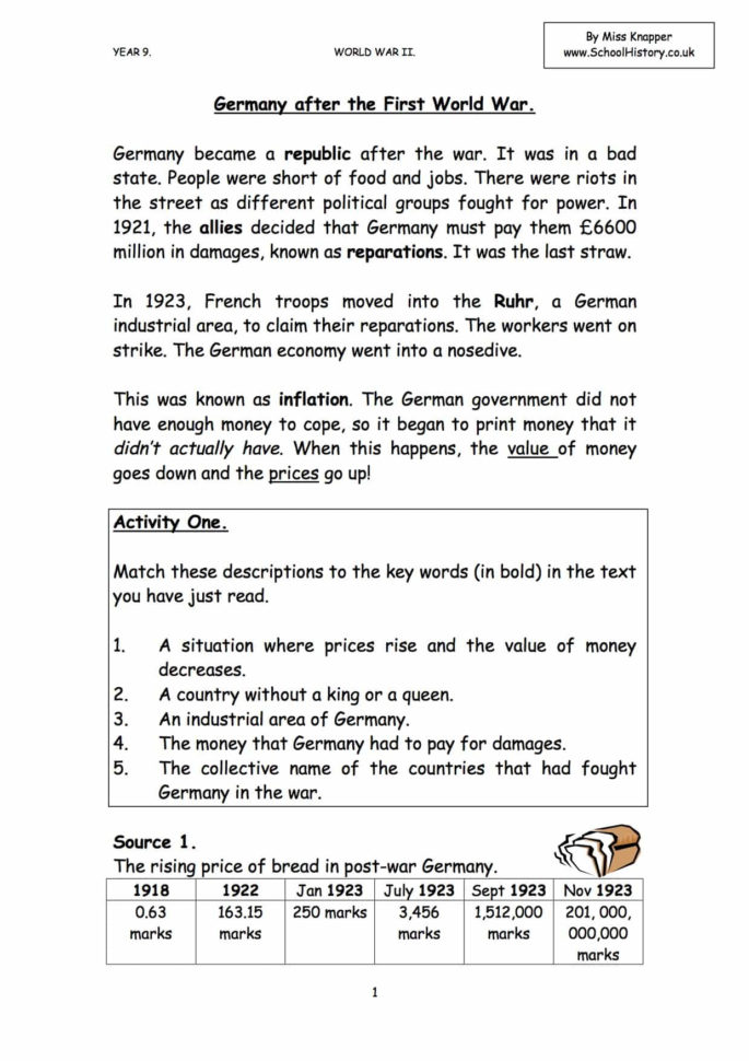 Germany After Ww1 Worksheet  Se Study Guide