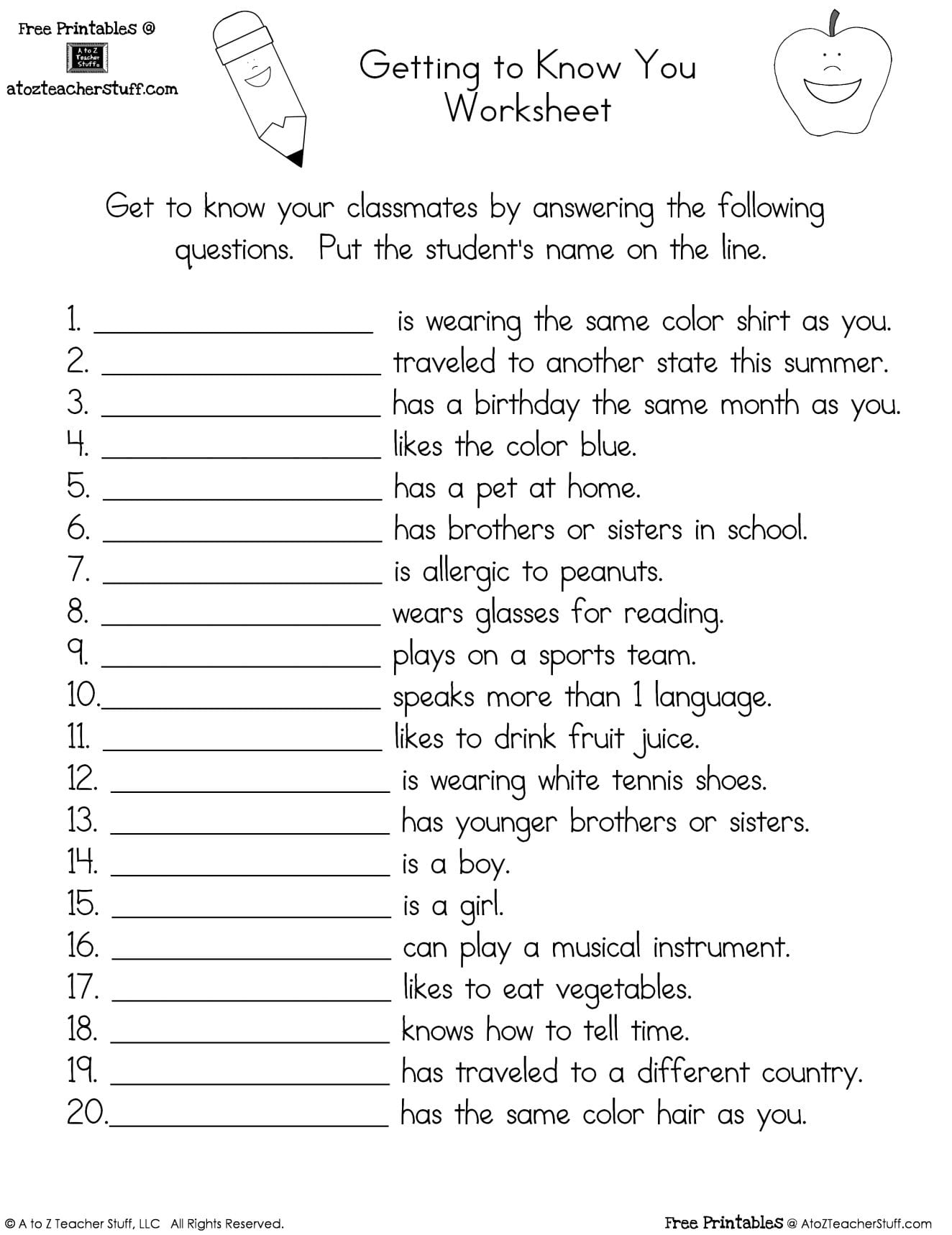 Getting To Know You Worksheet  A To Z Teacher Stuff