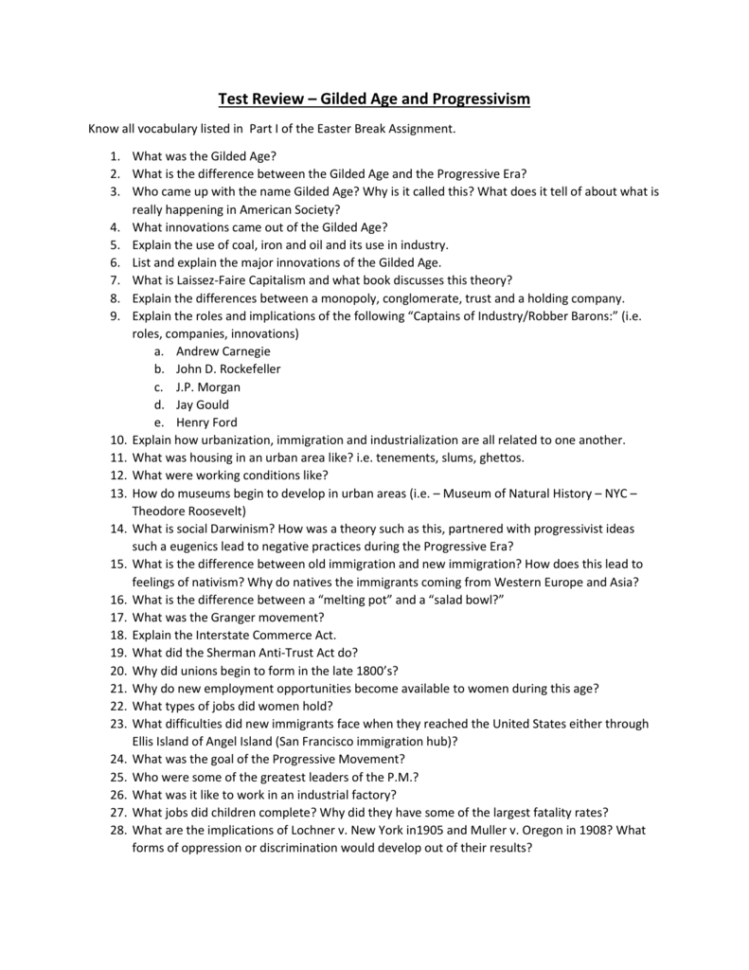 Gilded Ageprogressive Era Test Review Sheet