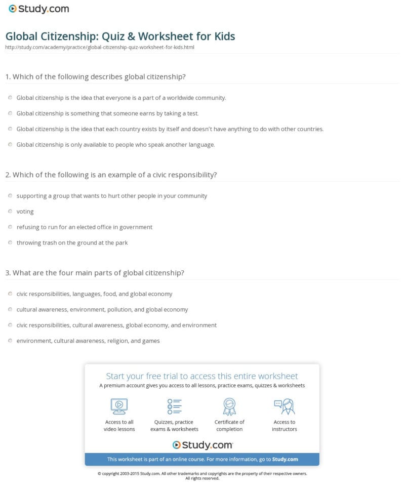 Global Citizenship Quiz  Worksheet For Kids  Study