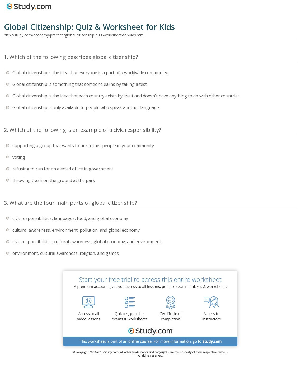 Global Citizenship Quiz  Worksheet For Kids  Study