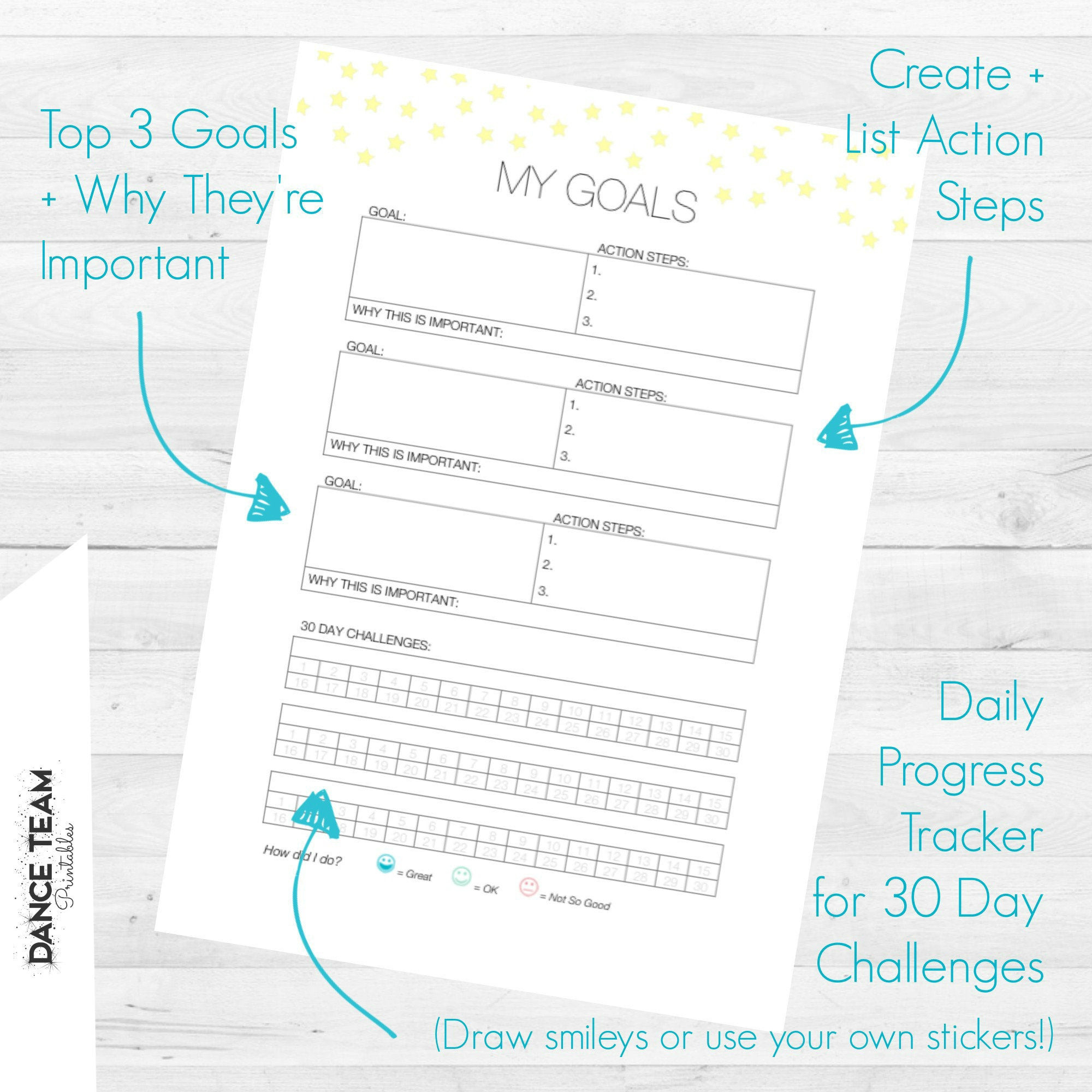 Goal Tracking Worksheet  "my Goals"  Printable Goal Setting Worksheet  Dance Team Dance Teacher  Instant Download