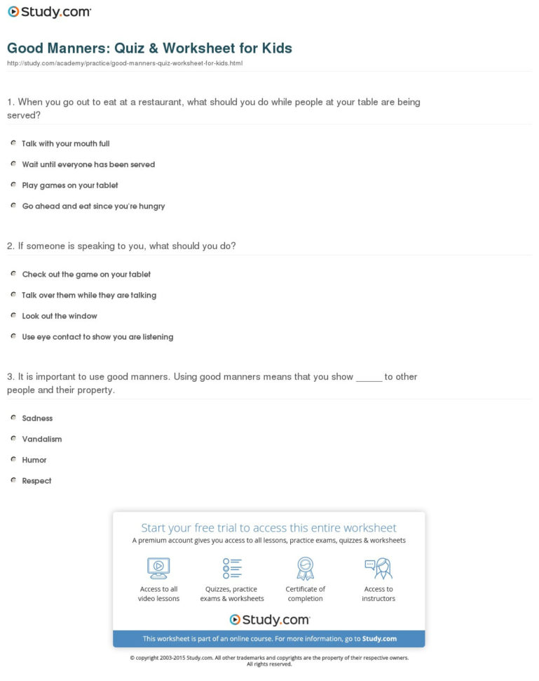 Good Manners Quiz  Worksheet For Kids  Study