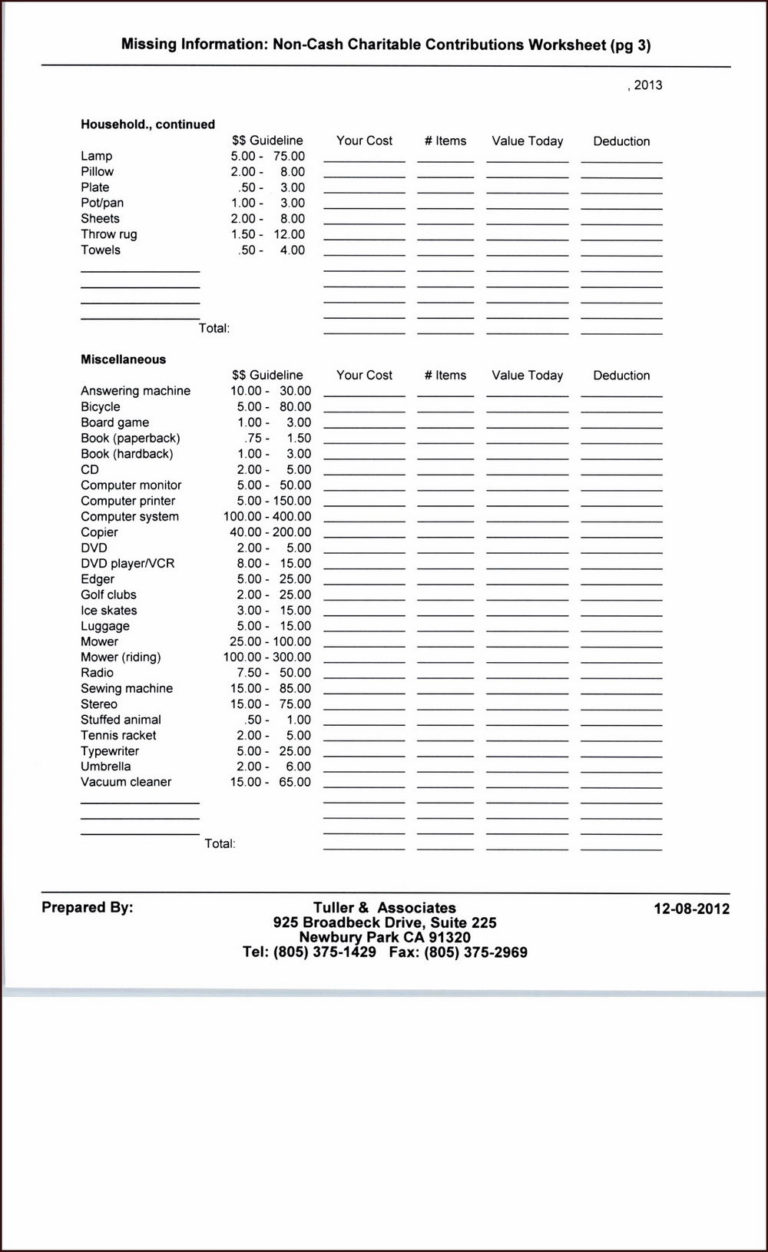 Charitable Donation Worksheet — db-excel.com